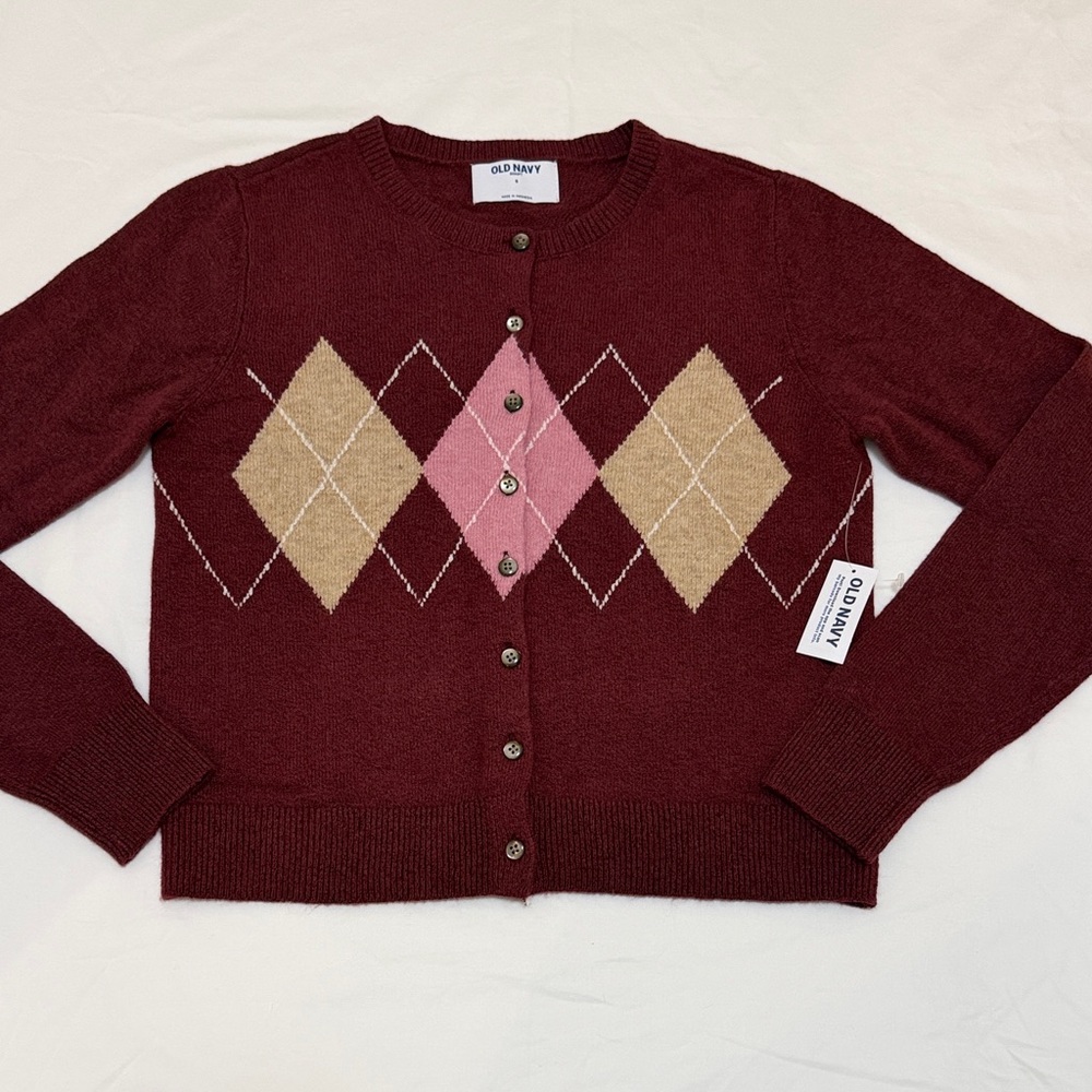 Old Navy Sosoft Burgundy Argyle Cardigan with Pink & Beige Diamonds S NWT - Picture 2 of 5